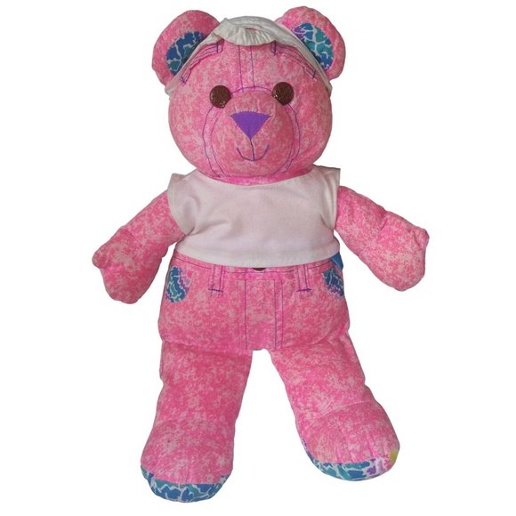 Doodle Bear Pink Splatter Stuffed Plush Painter Bear in White Hat 16 Inch Toy - Picture 1 of 9
